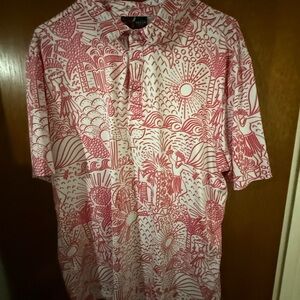 Red and White Casual Button Down Shirt with Tropical Print